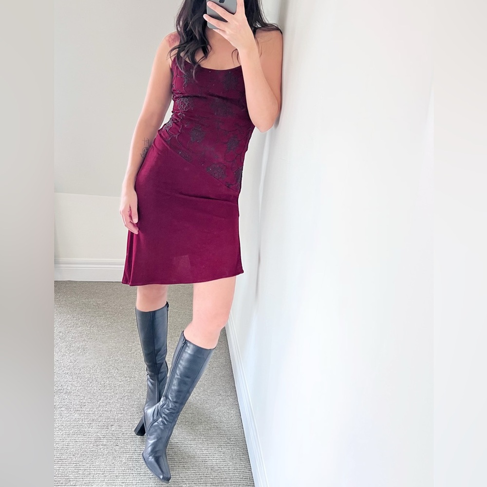 Vintage Y2K Hugo Buscati Burgandy Dress with black beading Small